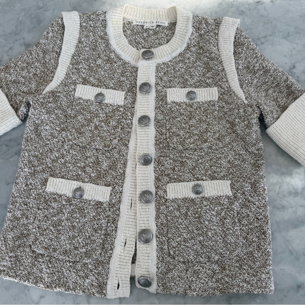 Veronica Beard Short Sleeve Spring Summer Ivory Beige Button Jacket Cardigan